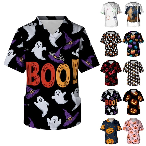Men V Neck Short Sleeve Scrub Top with Halloween Themed Pumpkin and Spider Web Print Chest Pocket Comfortable Fit