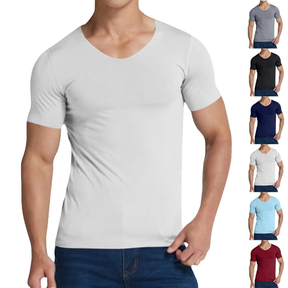 Men V-Neck Solid Color Short Sleeve T-Shirt White Color Cotton Slimming Casual Sport T-Shirt Men's Size XXL Fashion Lightweight Pullover Loungewear
