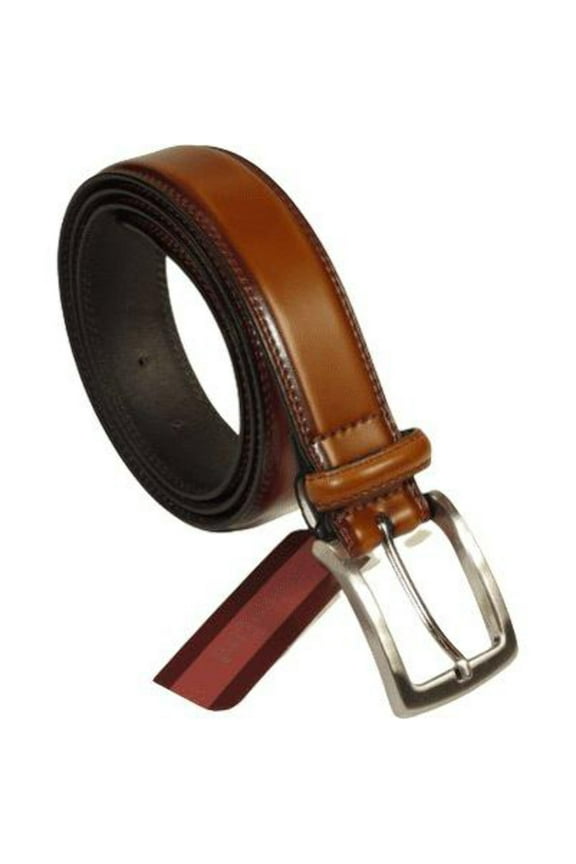 Men VALENTINI Stitched Leather Dress Belt Classic Pin Buckle V711 Cognac