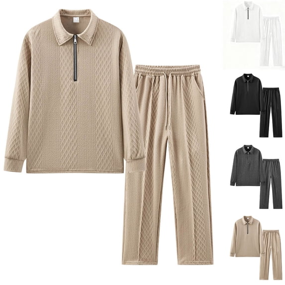 Men Vacation Outfits Sets Collared Zip Up Long Sleeve Set Solid Casual Jacket and Drawstring Pants Two Piece for Daily and Outdoor