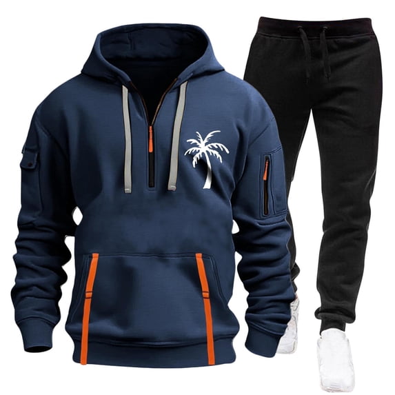 Men Vacation Outfits Sets Hooded Cargo Sweatshirt and Jogger Set Long Sleeve Pullover Top with Pockets Casual Two Piece Tracksuit