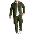 thumbnail image 1 of Men Vacation Outfits Sets Solid Collared Long Sleeve Top and Cargo Pants Set Casual Two Piece Tracksuit, 1 of 5