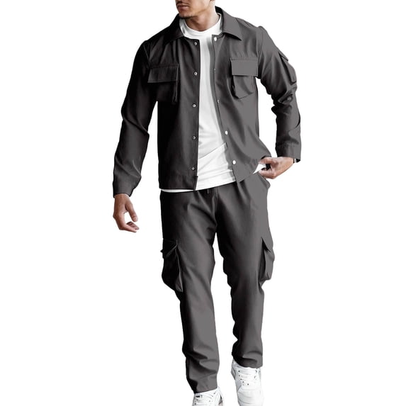 Men Vacation Outfits Sets Solid Collared Long Sleeve Top and Cargo Pants Set Casual Two Piece Tracksuit
