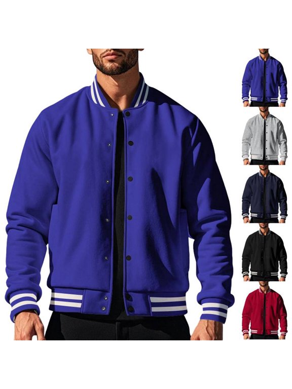 Men Varsity Baseball Jacket Long Sleeve Striped Rib Collar Cuff Snap Button Front Casual Bomber Coat 2XL