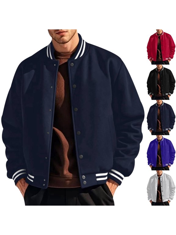 Men Varsity Baseball Jacket Long Sleeve Striped Rib Collar Cuff Snap Button Front Casual Bomber Coat 3XL