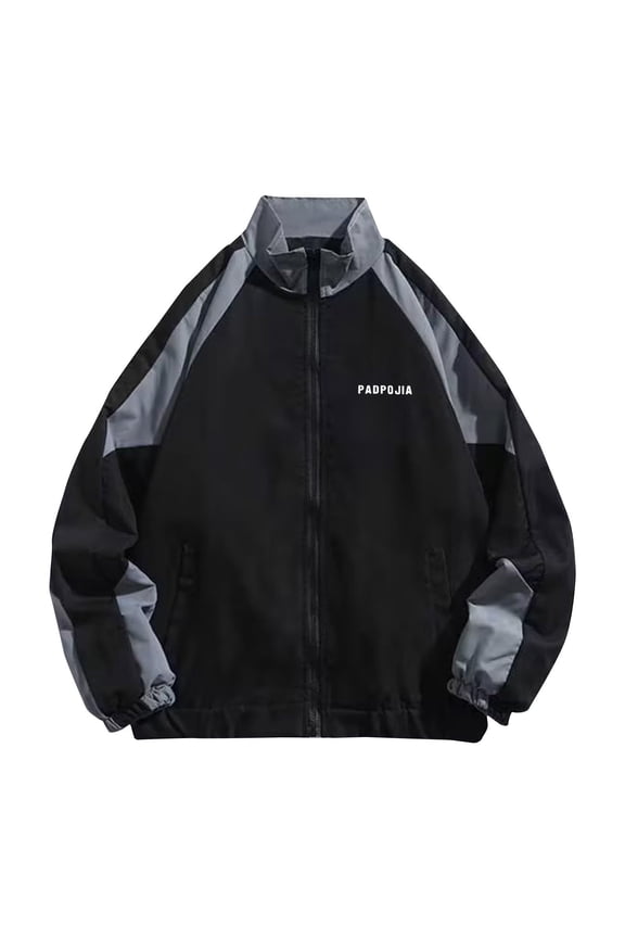 Men Varsity Jacket Zipper Color Block Windbreaker Long Sleeve Streetwear Coat Vintage Letter Print Oversized