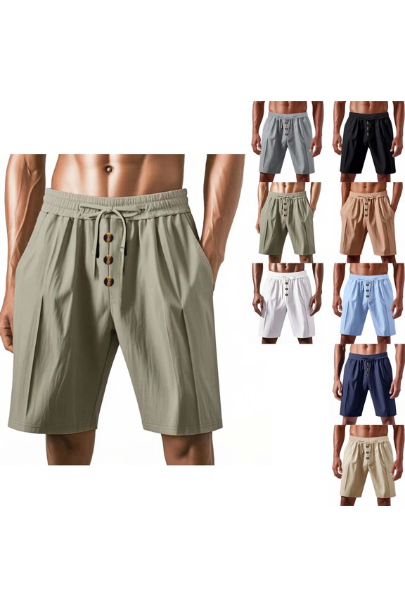 Men Versatile Fashion Solid Color Button Drawstring Elastic Waist Flax Shorts Comfort Colors Summer Clothes For Men Beach Pants Loose Elasticity