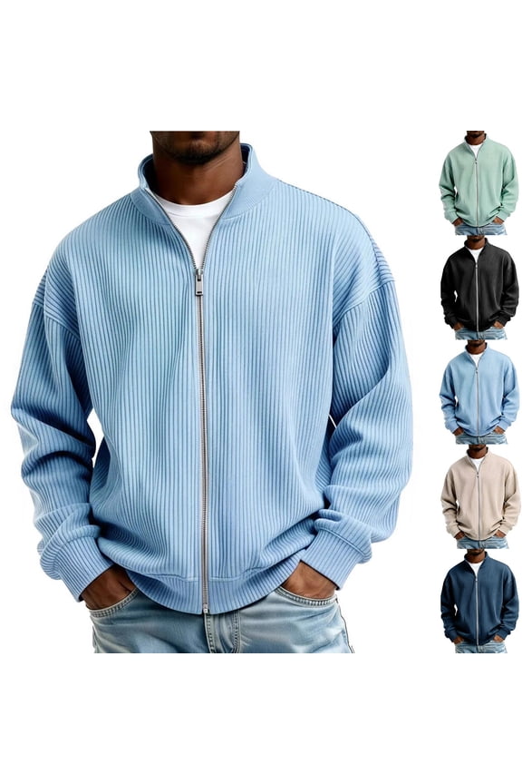 Men Vertical Rib Knit Jackets Liweisiy Full Zip Stand Collar Oversized Long Sleeve Coat Casual Cardigan Coat Green S