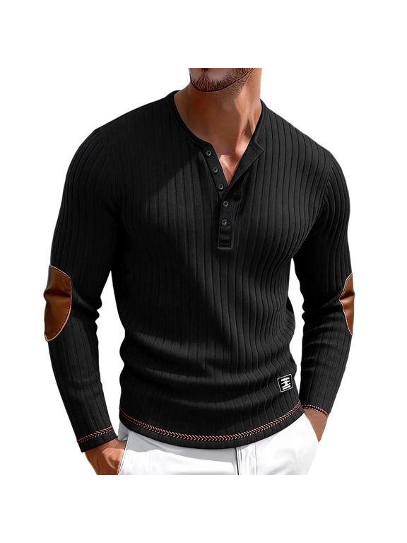 Men Vertical Ribbed Henley Long Sleeve Top V‑Neck Placket Elbow Patch Color Block Casual Pullover Shirts