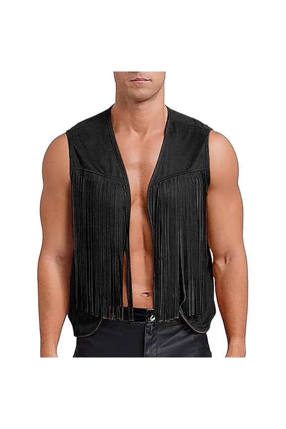 Men Vest Sleeveless Jacket Top Carnival Clothes For Male Hippie Fringe Indian Bohemian Music Festival 60S Western Vest Mardi Gras Black L