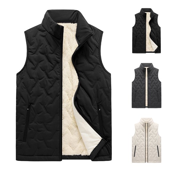 Men Vest Stand Collar Sleeveless Thickened Velvet Lining Waistcoat with Pockets Solid Color Zipper Placket Cotton Vest
