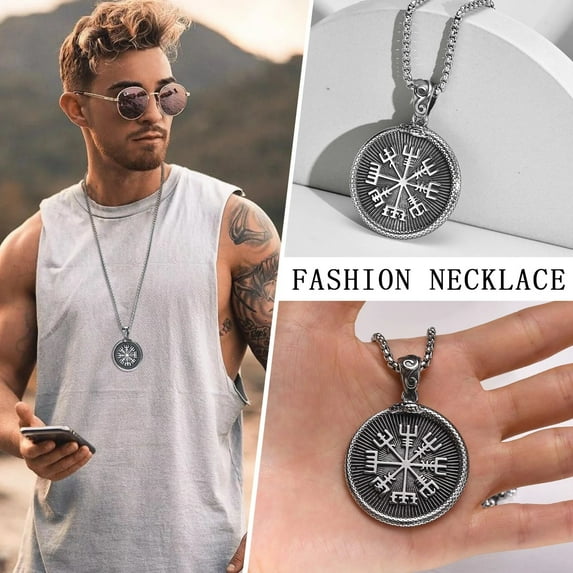 Men Viking Vegvisir Wayfinder Pendant Necklacec with Snake Borde,14K White Gold Runic Symbol,Norse Rune Odin Necklaces