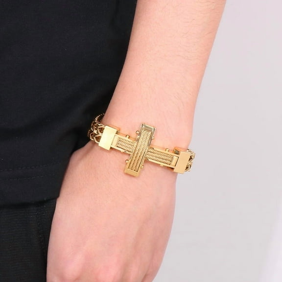Men Vintage 14K Yellow Gold Cross Wide Bracelet Bangle Handmade Braided Waterproof Jewelry Accessories ift