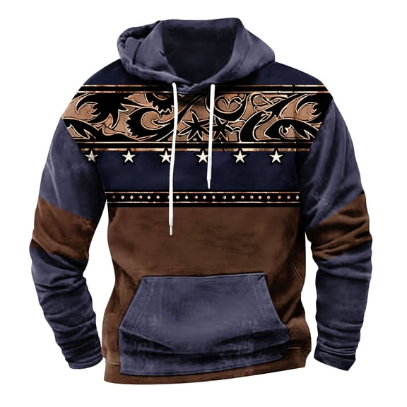 Men Vintage Aztec Tribal Hoodies Western Ethnic Graphic Hooded Sweatshirts Long Sleeve Retro Patchwork Pullover Tops