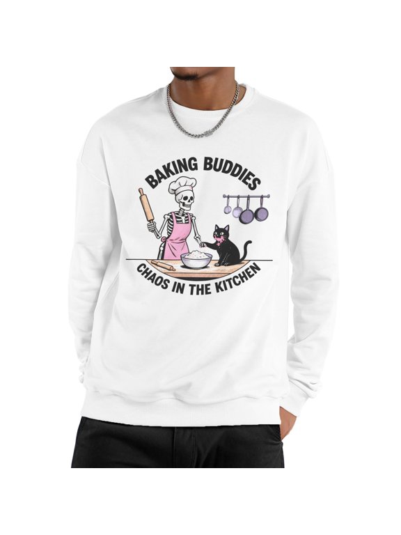 Men Vintage Baking Buddies Chef Skeleton Pink Apron Rolling Pin Black Cat Chaos In The Kitchen Crew Neck Sweatshirt, Spooky Baker Cat Dad Fleece Pullover