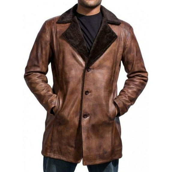Men Vintage Brown Sheep Leather Coat Best For Winter, Wind Breaker Long Coat, Leather Overcoat