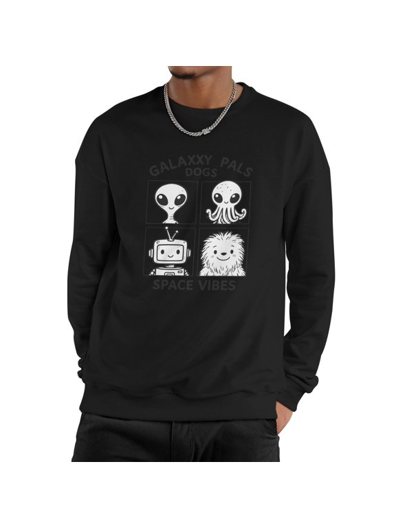 Men Vintage Cartoon Galaxy Pals Space Vibes Alien Octopus TV Robot Fluffy Monster Grid Crew Neck Sweatshirt, Sci-Fi Space Cute Fleece Pullover