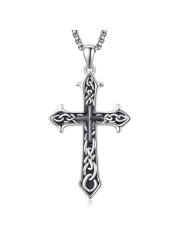 Men Vintage Celtic Knot Cross Necklace, Norse Viking Amulet Pendant, Irish Celtic Gothic Cross Jewelry Gift for Husband Boyfriend Son