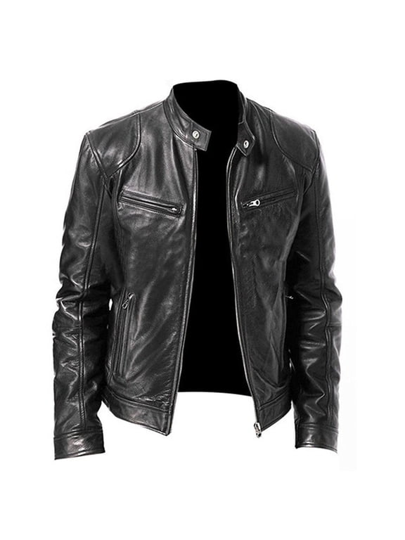 Men Vintage Cool Jacket Leather Long Sleeve Autumn Winter Stand Collar Club Coat