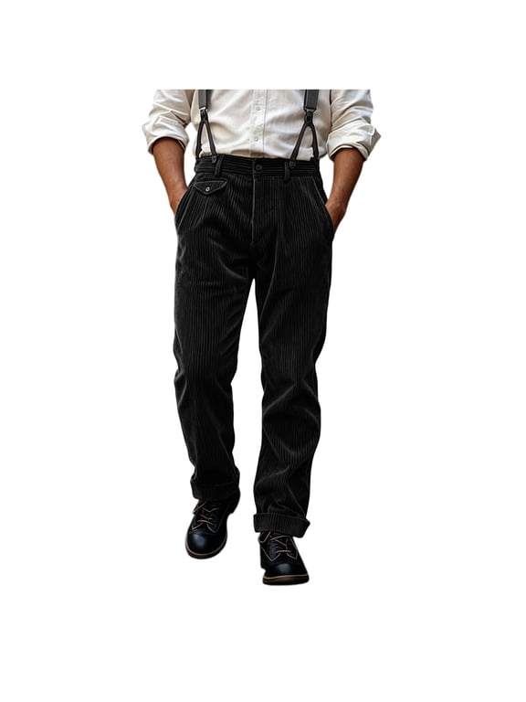 Men Vintage Corduroy Pants Suspender Removable Braces Pleated Front Button Fly Straight Leg Retro Workwear Black M