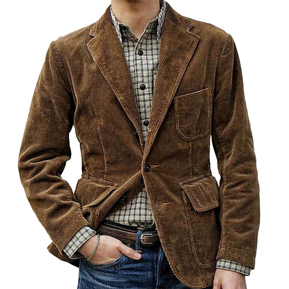 Men Vintage Corduroy Slim Button Suit Blazer Business Work Coat Jacket ...