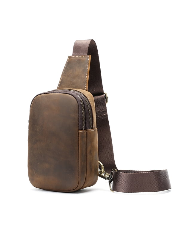 Men Vintage Crazy Horse Leather Sling Chest Bag Adjustable Crossbody Shoulder Pack Multi Ways Carry Mini Phone Fanny Pack