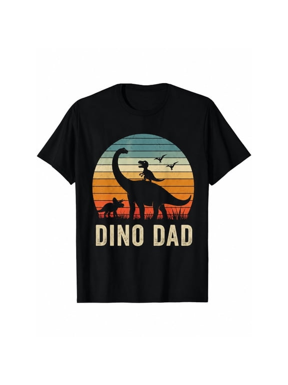 Men Vintage Dino Dad Retro Sunset Dinosaur Silhouette Graphic T-Shirt, Funny Dinosaur Lover Father’s Day Casual Short Sleeve Tee