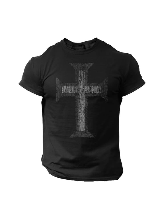 Men Vintage Distressed Cross Graphic T‑Shirt, Christian Faith Religious Crew Neck Short Sleeve Gym Tee For Men