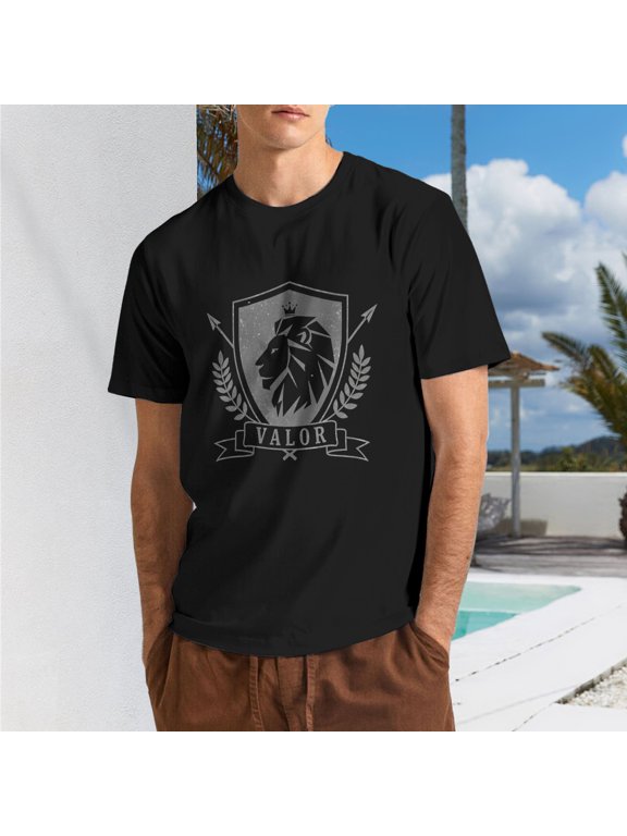 Men Vintage Heraldic Lion Crown Shield Laurel "VALOR" Banner Crew Neck T-Shirt, Warrior Honor Street Poly Cotton Casual Short Sleeve Tee