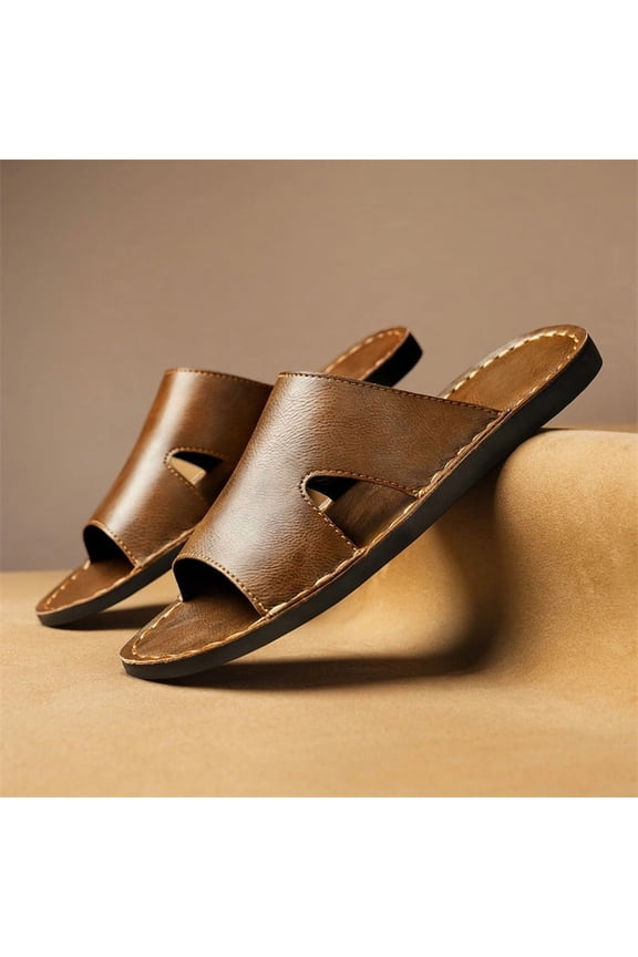 Men Vintage Hollow Cutout Genuine Leather Slide Sandals Hand-Stitched Flat Casual Slippers