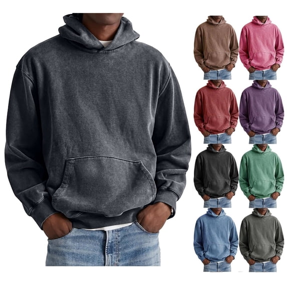 Men Vintage Hoodie Washed Distressed Pullover Long Sleeve Sweatshirt Retro Casual Street Sweatshirts Pockets