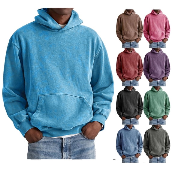 Men Vintage Hoodie Washed Distressed Pullover Long Sleeve Sweatshirt Retro Casual Street Sweatshirts Pockets
