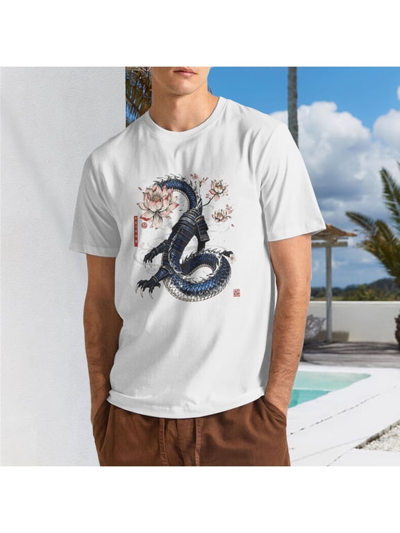 Men Vintage Japanese Ukiyo-e Blue Samurai Armor Dragon Pink Cherry Blossom Lotus Crew Neck T-Shirt, Eastern Myth Poly Cotton Casual Short Sleeve Tee