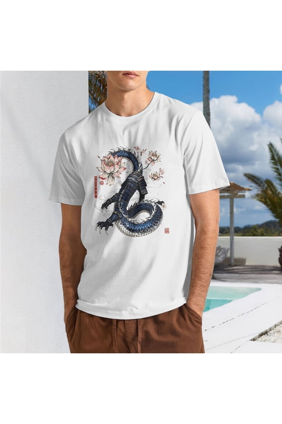 Men Vintage Japanese Ukiyo-e Blue Samurai Armor Dragon Pink Cherry Blossom Lotus Crew Neck T-Shirt, Eastern Myth Poly Cotton Casual Short Sleeve Tee
