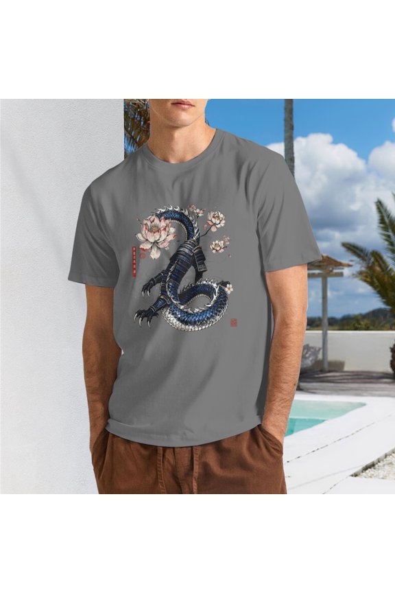 Men Vintage Japanese Ukiyo-e Blue Samurai Armor Dragon Pink Cherry Blossom Lotus Crew Neck T-Shirt, Eastern Myth Poly Cotton Casual Short Sleeve Tee