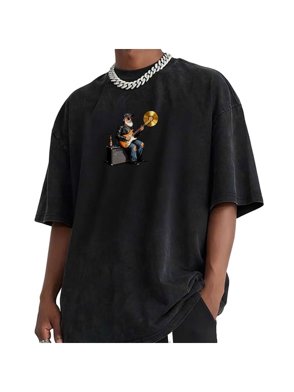 Men Vintage Rock Bearded Grandpa Leather Jacket Playing Electric Guitar Amp Beer Gold Vinyl Cartoon Oversized Acid Wash Black Short Sleeve T-Shirt