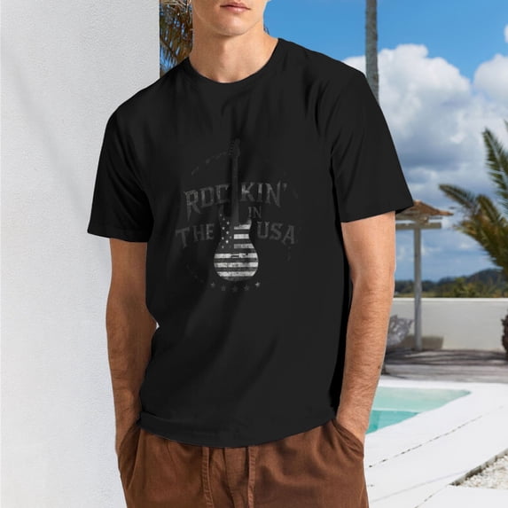 Men Vintage Rock Guitar USA Flag Graphic T-Shirt, "Rockin' In The USA" Crew Neck Poly Cotton Short Sleeve Patriotic Music Tee