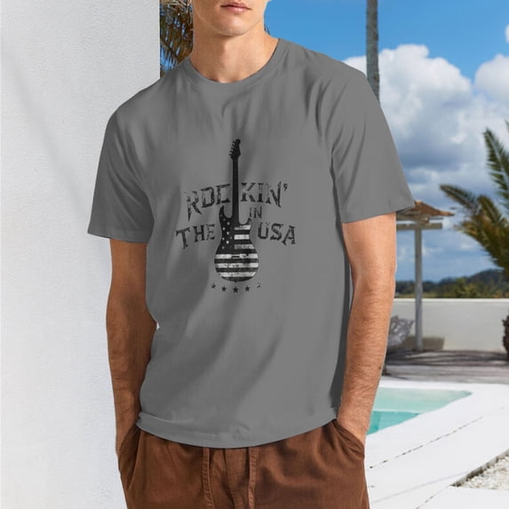 Men Vintage Rock Guitar USA Flag Graphic T-Shirt, "Rockin' In The USA" Crew Neck Poly Cotton Short Sleeve Patriotic Music Tee
