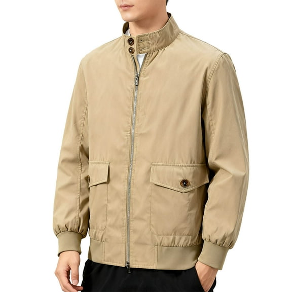 Men Vintage Solid Color Stand Collar Workwear Jacket Lightweight Long Sleeve Zip Up Outerwear