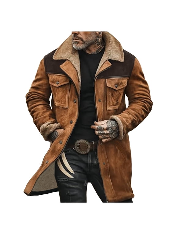 Men Vintage Suede Jacket Plush Collar Coats Leather Winter Long Jackets Men Zip Up Motorcycle Jacket Coats Retro Fashion Casual