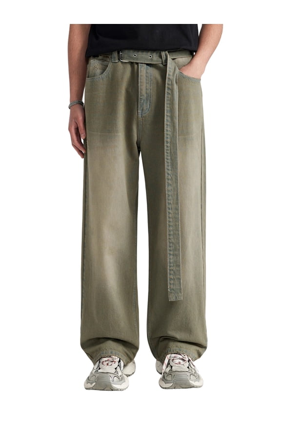 Men Vintage Washed Hip Hop Loose Wide Leg Casual Denim Pants Yellow Clay Color S