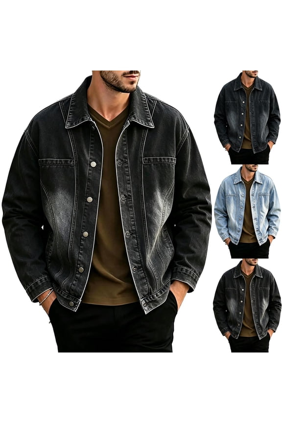 Men Vintage Washed Tie-Dyed Denim Jacket, Lapel Collar Button Down Jean Coat, Spring Fall Loose Fit Retro Casual Outerwear Light Blue XL(XL)