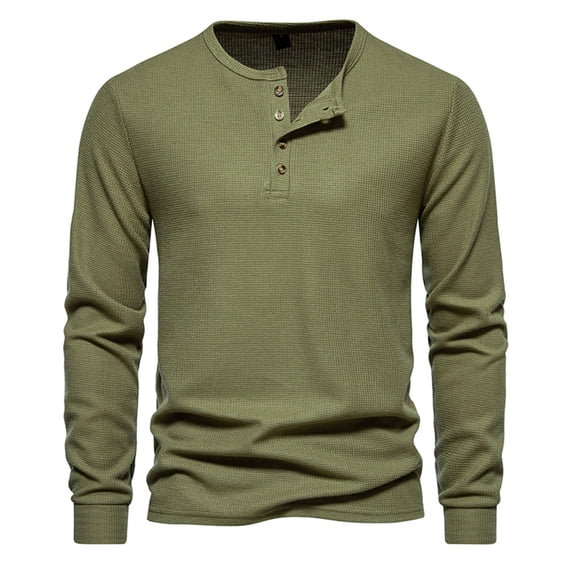 Men Waffle Henley Shirts Buttons Collar Long Sleeve Casual Pullover Soft Stretch Lightweight Tees Fall Basic Tops
