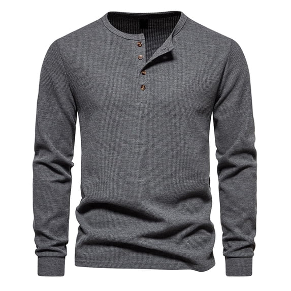 Men Waffle Henley Shirts Buttons Collar Long Sleeve Casual Pullover Soft Stretch Lightweight Tees Fall Basic Tops