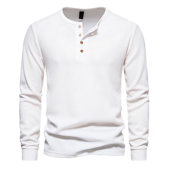 Men Waffle Henley Shirts Buttons Collar Long Sleeve Casual Pullover Soft Stretch Lightweight Tees Fall Basic Tops
