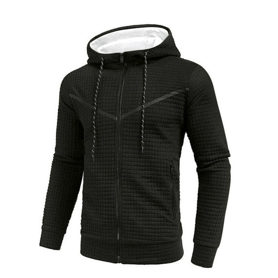 Men Waffle Hooded Jacket Full Zip Long Sleeve Drawstring Hoodies for Men Loose Solid Color Top with Hood (Black S)
