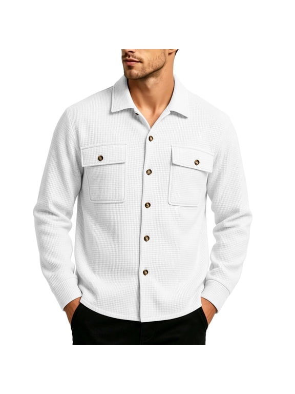 Men Waffle Knit Button Down Shirt Jacket Long Sleeve Casual Shacket with Dual Chest Patch Pockets White L