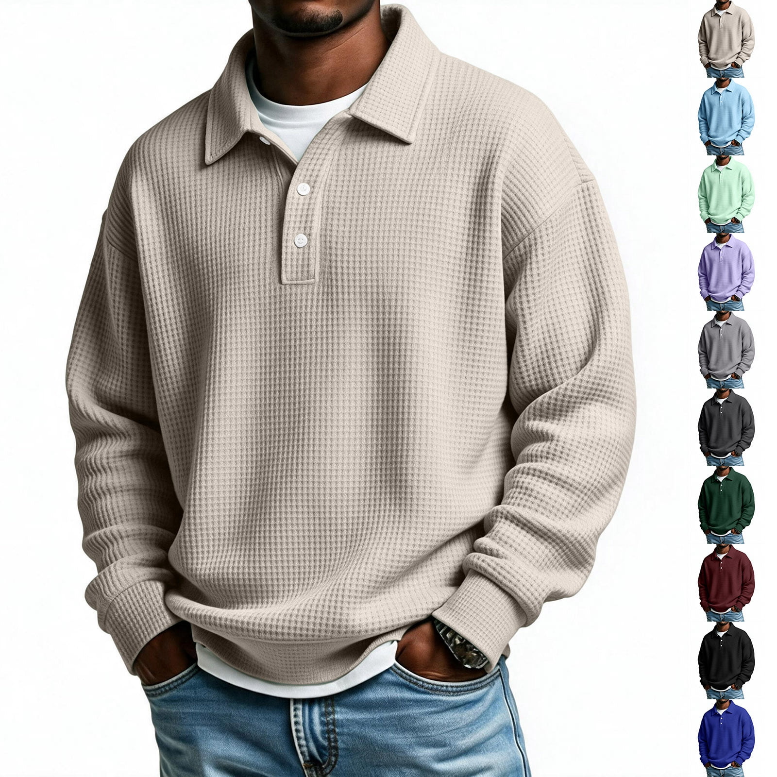 Men Waffle Knit Long Sleeve Polo Sweater Lapel Collar Partial Button ...