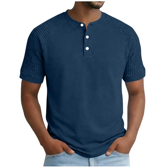 Men Waffle Knit Patchwork Henley T-Shirt, 3 Button Crew Neck Raglan Short Sleeve Casual Summer Top Size 4XL Navy