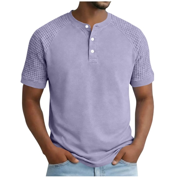 Men Waffle Knit Patchwork Henley T-Shirt, 3 Button Crew Neck Raglan Short Sleeve Casual Summer Top Size 4XL Purple